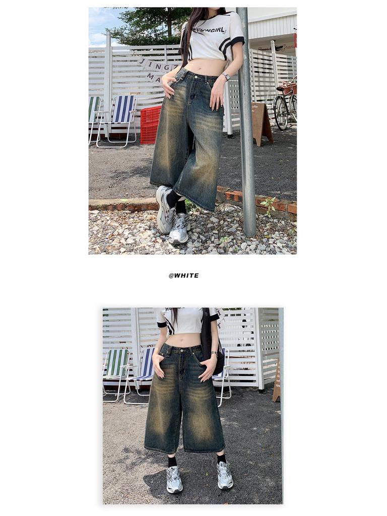 Retro Washed Distressed Wide Leg 7/8 Jeans - Unisex High Street Loose and Straight Mid-Length Shorts for Spring/Summer.