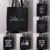 First Coffee Printing Canvas Shopping Black Bags Mom Life Women Cotton Buckle Tote Bags Female Shopper Teacher Student Book Bags