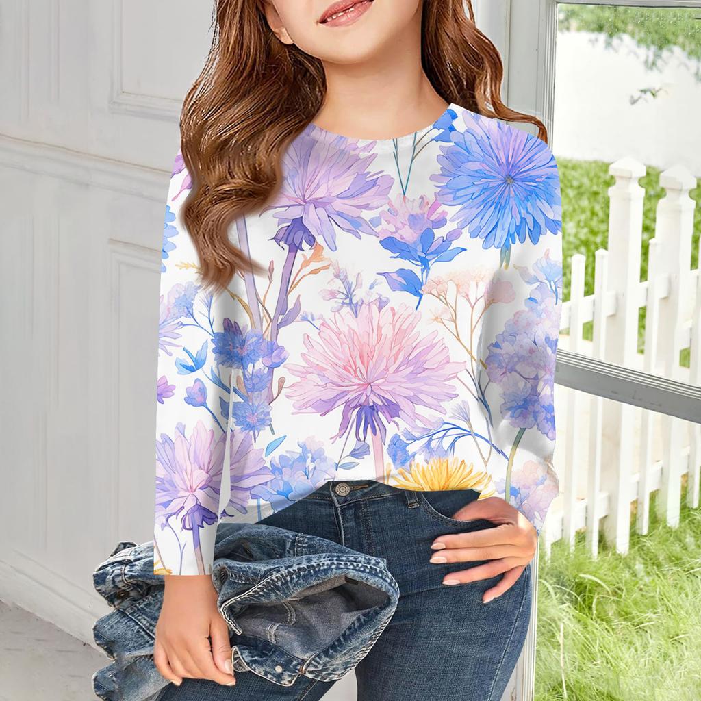 Футболки с длинным рукавом для девочек, детские осенние топы, с круглым вырезом, с принтом, базовые футболки