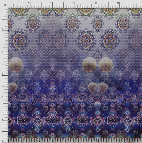 Soimoi Japan Crepe Satin Fabric Scared Geometry & Moon Panel Printed Fabric 1 metre 42 Inch