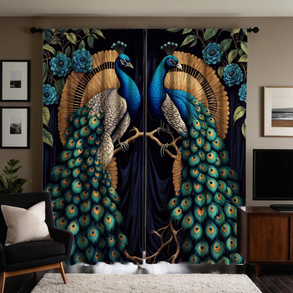 2 шт. HD Digital Blue Series Auscious Peacock Curtains Home Decorating Style Decorating Living Room Bedroom Rodding Curtain