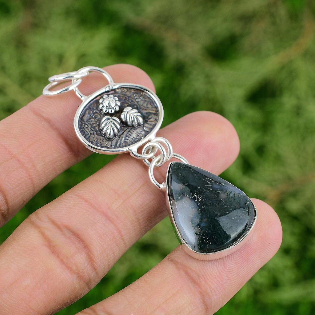 Daughters Day Deal Pear Solar Moss Agate Gemstone Bezel Pendant Sterling Silver