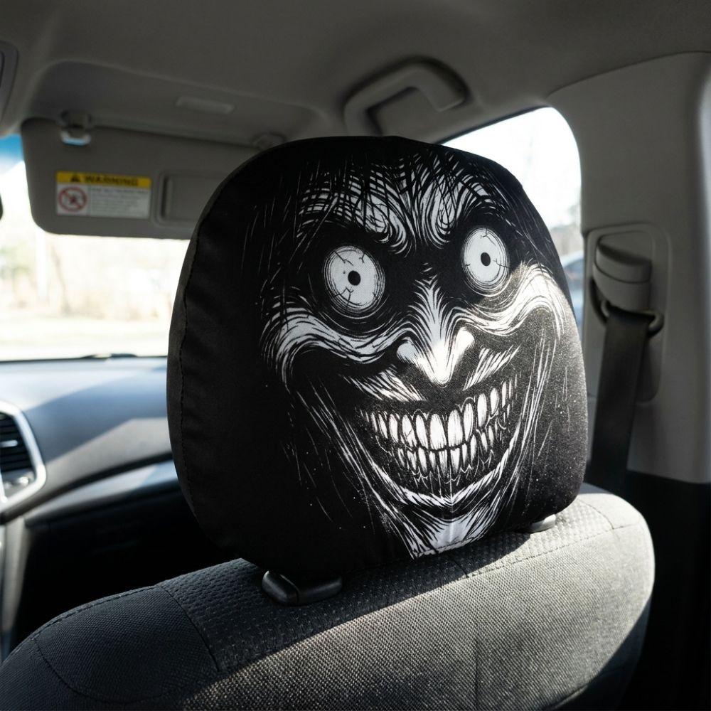 2Pcs Elastic Car Scary Face Headrest Sleeve Breathable Creepy Ghost Car Seat Wrap Halloween