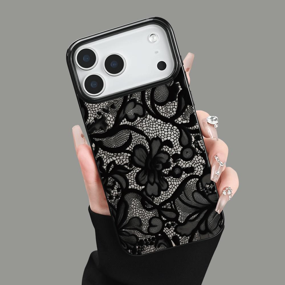 Черный кружевной 2D узор чехол для телефона подходит для iPhone 17 16 15 14 13 12 11 Pro/Max/Plus противоударная задняя крышка