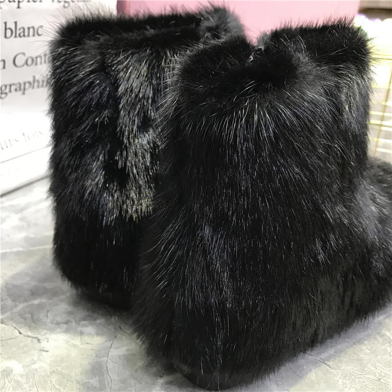 Fashion Women Mink Fur Flat Casual Shoes Ankle Winter Warm Snow Boots Crystal Decor Outside Footwear Short Boots Black