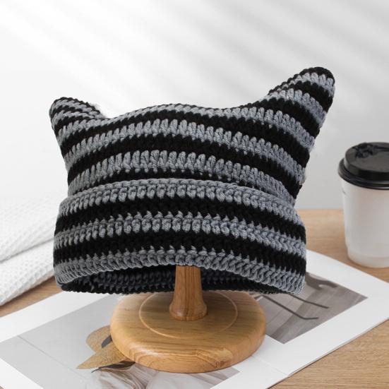 Autumn Winter Outdoor Warm Knitting Caps Cute Striped Cat Ear Hat No Brim Thickened Stretchy Yarn Knitted Beanie Hat