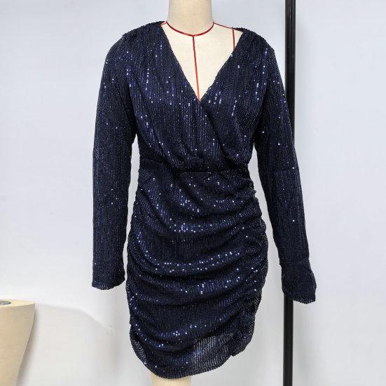 Женское праздничное платье с блестящими пайетками и глубоким вырезом с V-образным вырезом и длинным рукавом, облегающее платье-футляр, мягкое плиссированное мини-платье длиной выше колена, выпускное банкетное вечернее платье