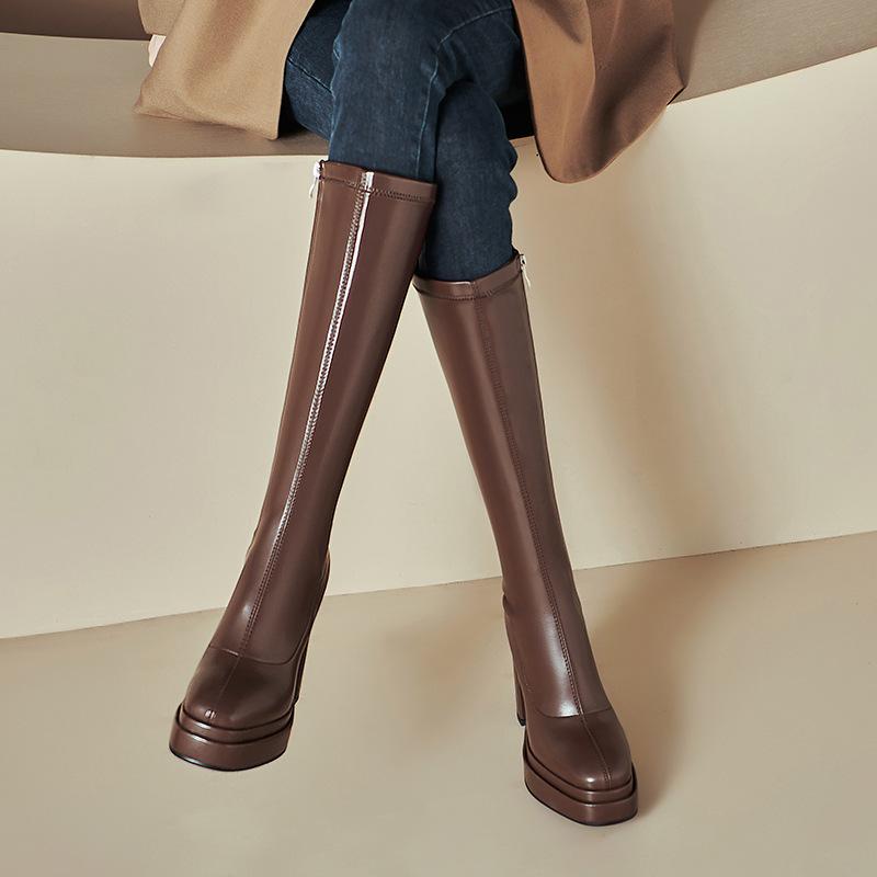 Elastic Over-Knee Long Boots Women's Slim Waterproof Platform Thick Heel Non-Slip Winter Boots Korean Style Square Head Boots
