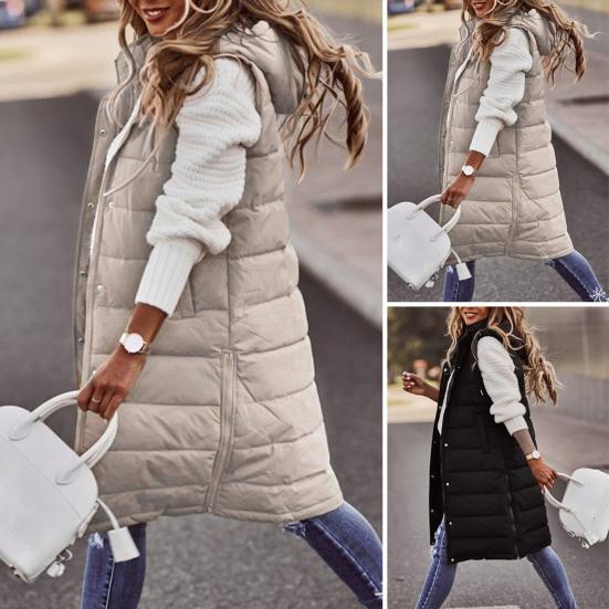 Women Vest Coat Padded Solid Color Sleeveless Hooded Drawstring Single-breasted Mid Length Slim Fit Zipper Hem Pockets