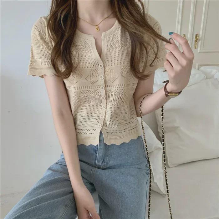 Женский ажурный трикотажный кардиган - короткий рукав, сетка, топ-шаль, солнцезащитный стиль весна/лето 2023 г.