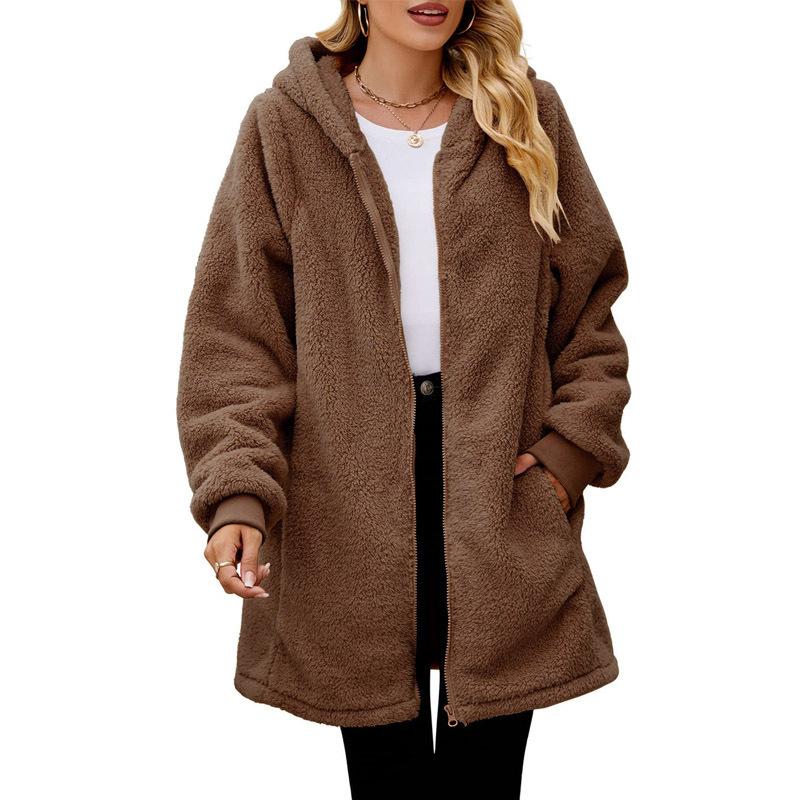 Winter Loose Plush Women's Long Sleeve Hooded Zipper Cardigan Plus Size Jacket
