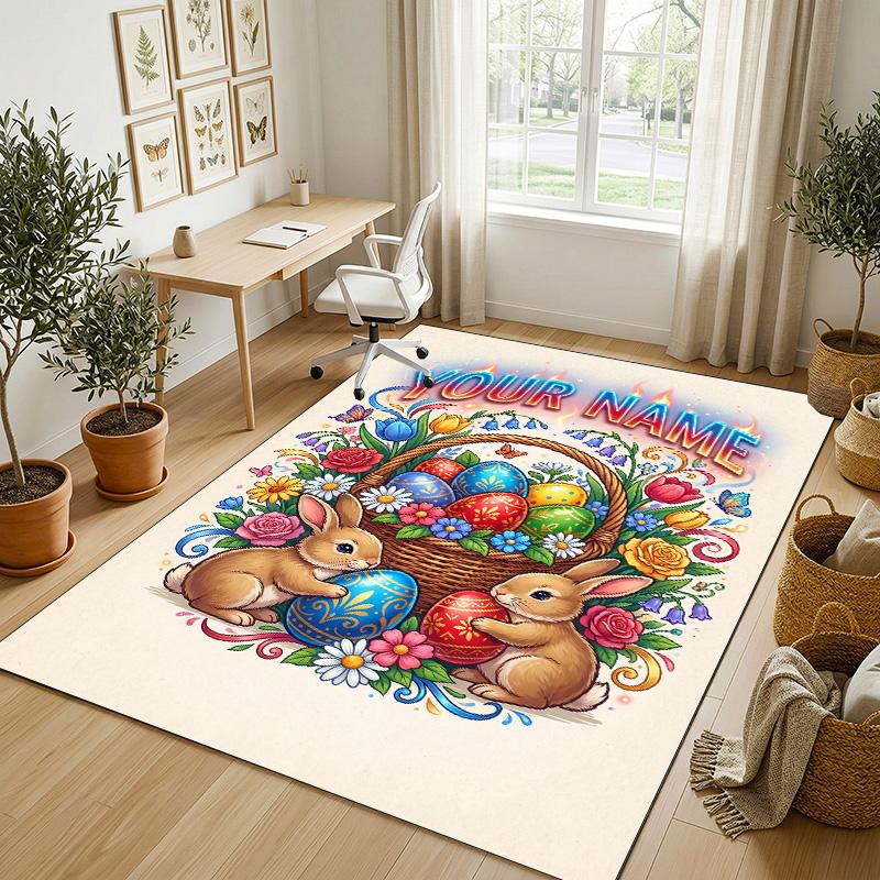 Easter Bunny Theme Crystal Velvet Rug Personalized Custom Name Text Soft Floor Mat Home Decor
