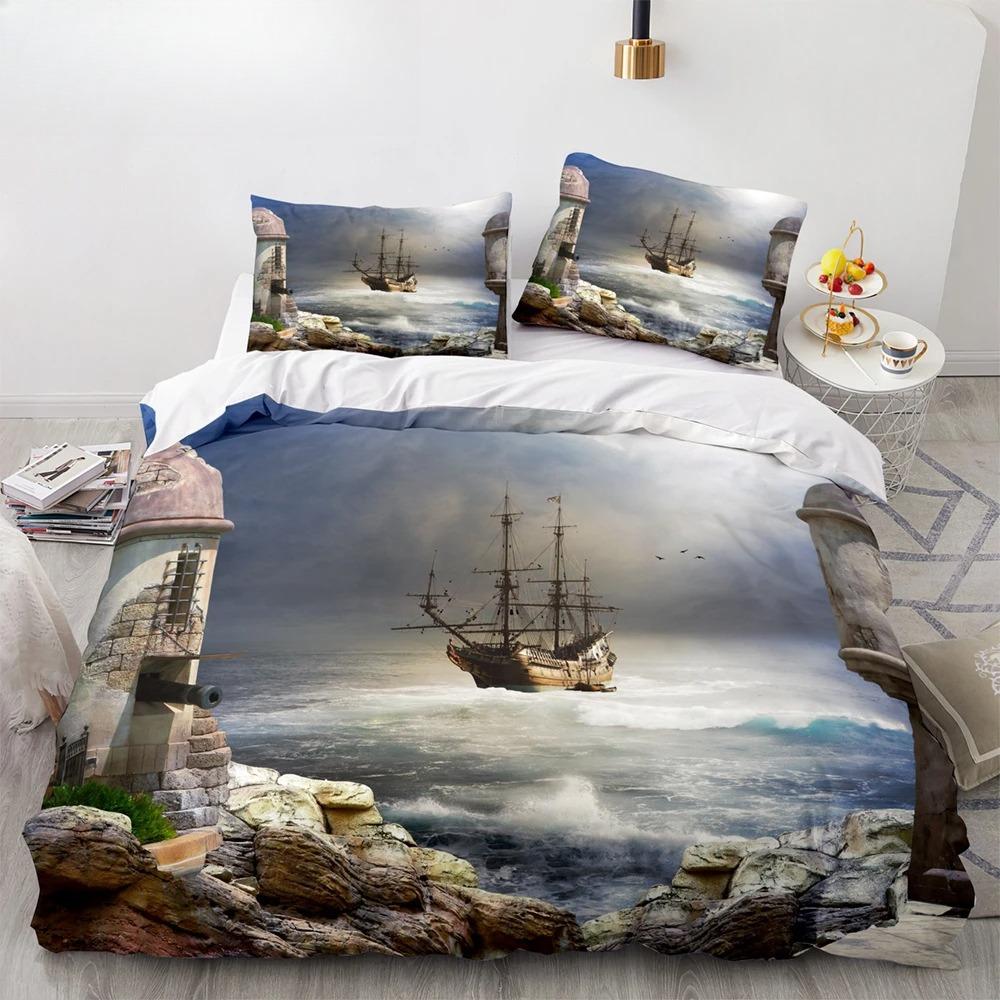 Винтажный пододеяльник с изображением парусника, короля и королевы, комплект постельного белья с изображением океана для подростков и взрослых, с изображением корабля и огня, черный, 2/3 шт., полиэстер, пододеяльник