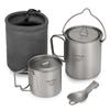 Lightweight Titanium 3 Pieces Set Titanium 750ml Pot 450ml Water Cup Mug with Lid Collapsible Handle Folding Spork for Camping