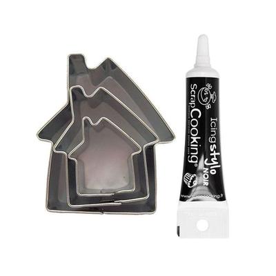 3 мини-формочки для печенья из нержавеющей стали в виде домиков + черная ручка для глазури