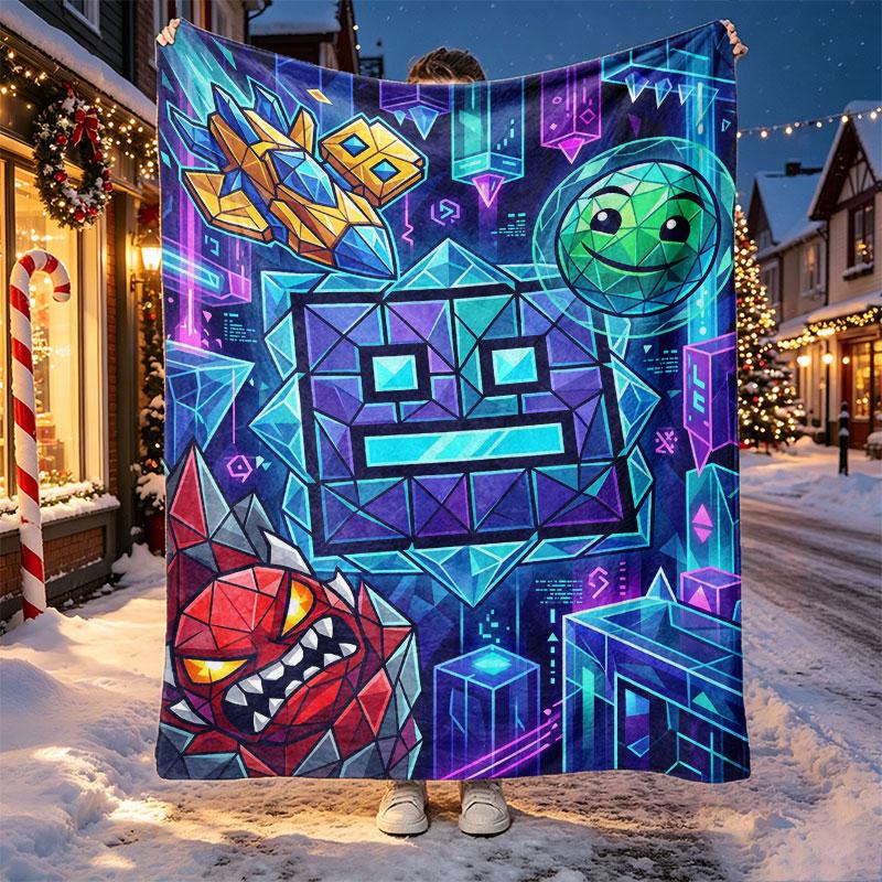 Geometry Dash Pattern Blanket for Home Decoration, Bed, Sofa, Car Travel, Camping, Suitable for All Seasons, Birthday Christmas Gift