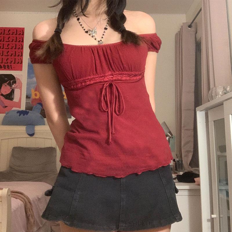 Эстетические милые кружевные топы 2000-х годов, женская футболка с открытыми плечами и завязками, корейская модная женская футболка, уличная одежда в стиле фея в стиле гранж