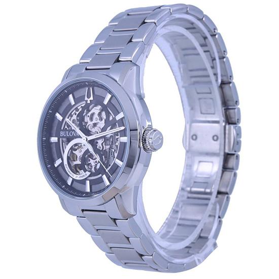 BULOVA Классические автоматические мужские часы из нержавеющей стали 96A208 с черным циферблатом и скелетонизированным циферблатом