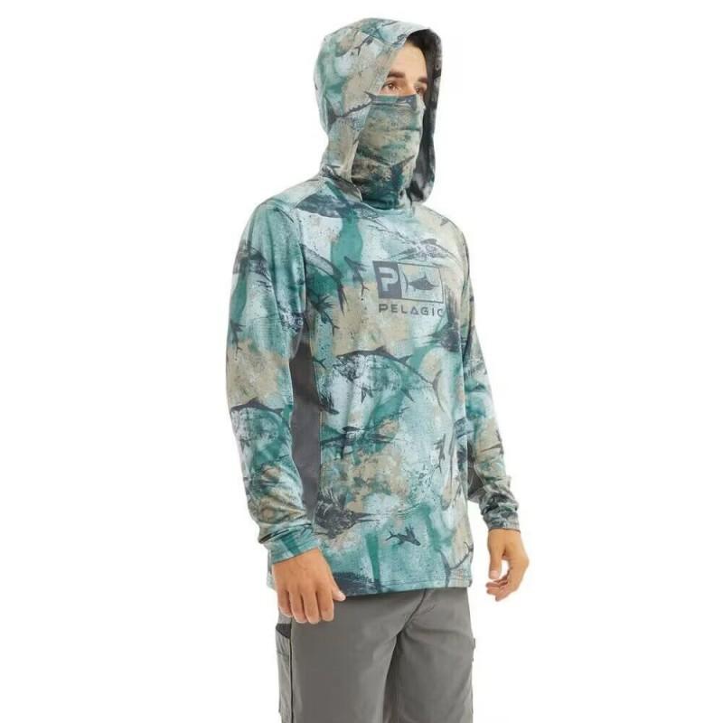 Mens Quick-Dry Hooded Fishing Shirt With Face Cover UV Protection Long Sleeve Outdoor Angling Apparel