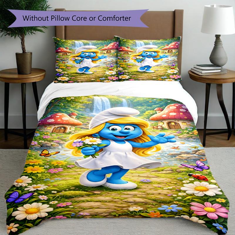 3pcs Duvet Cover Set (1*Duvet Cover + 2*Pillowcase, Without Core), Blue Smurfs Print Bedding Set, Bedroom Decor, All‑Season, Birthday Gift