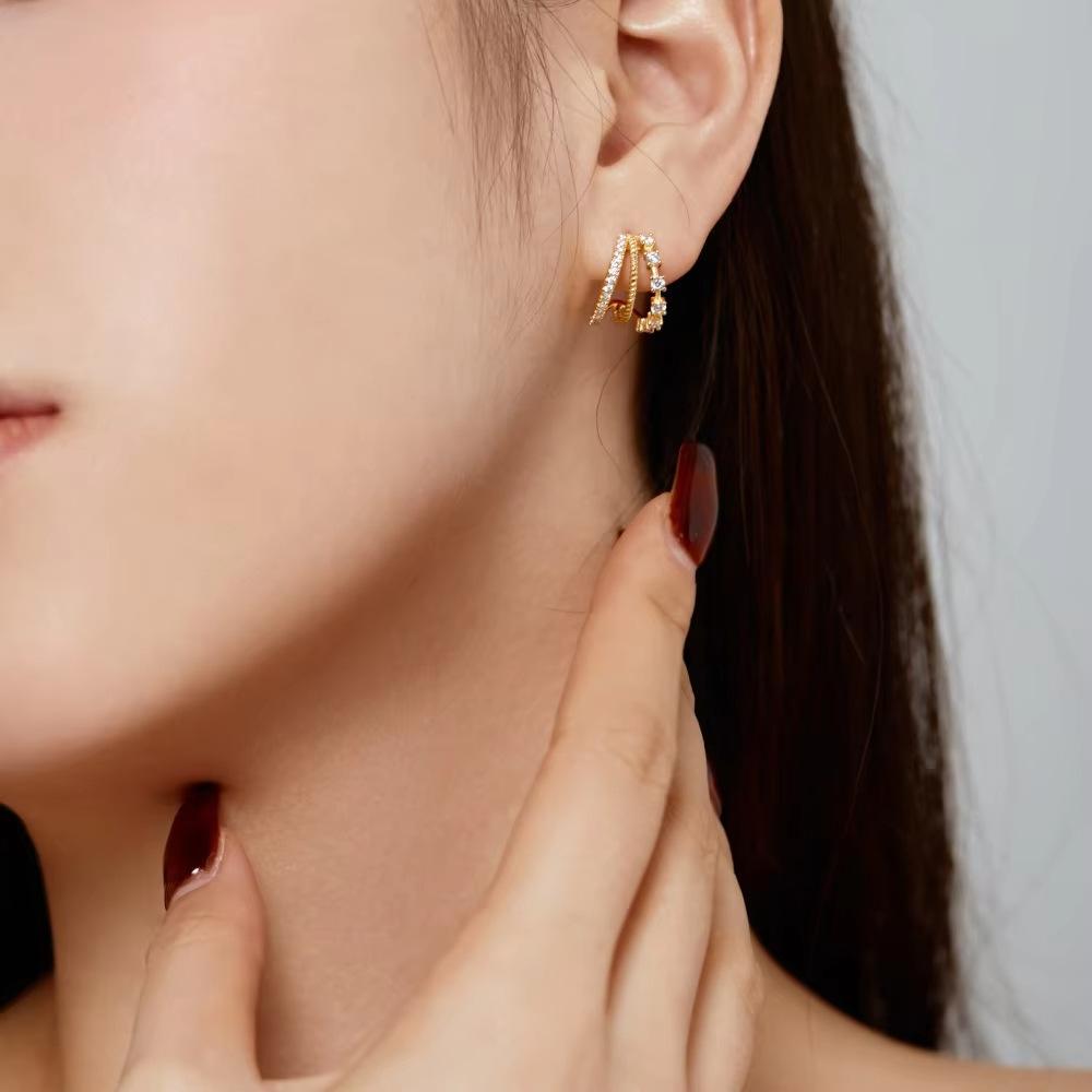Luxury Moissanite Multi Layer Hollow Semi Circle Earrings Niche Fashion Temperament Studs For Women Elegant Jewelry