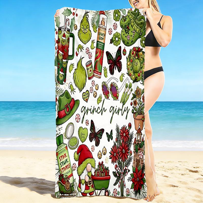 1Pc Grinch Christmas Decorations Beach Towel, Quick Dry, Multi-Use for Beach Pool Gym Yoga Home Travel, Christmas, Halloween, Xmas Gift S637