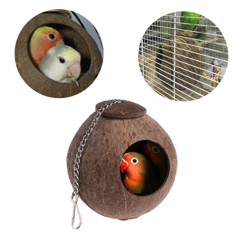 Natural Coconut for Shell Bird Nest House Hut Cage Feeder Toy with Hanging Lanyard for Pet Parrot