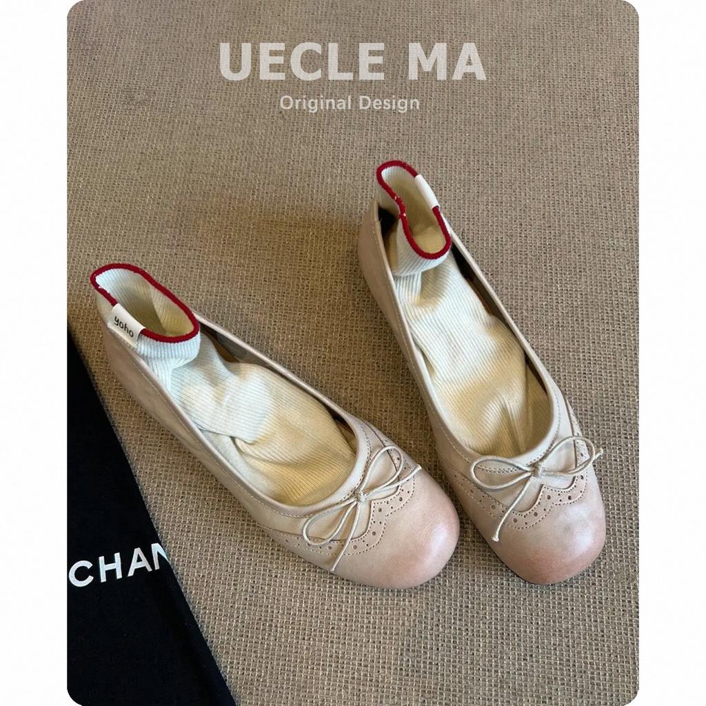 Cowhide Version~ Retro Leather French Single Shoes Women's Bow Ballet Shoes Flat Evening Shoes Beautiful Mary Jane Shoes
