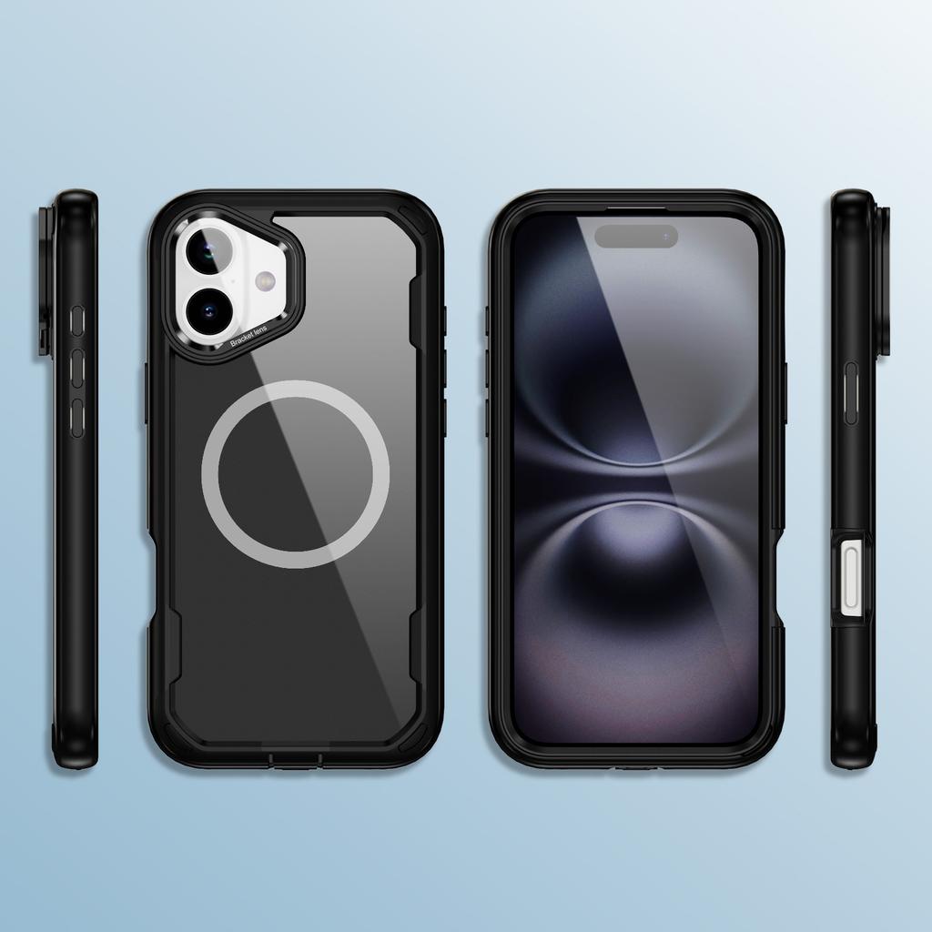 For iPhone 16 Plus Case Compatible with MagSafe Lens Frame Kickstand TPU + PC Shockproof Phone Cover