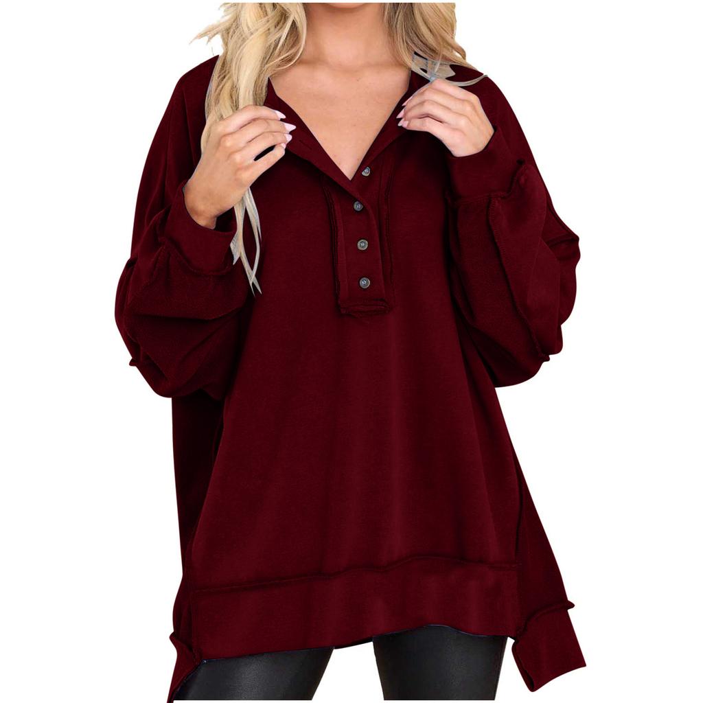 Autumn and Winter New Women's Round Neck Solid Button Loose Sweater Long Sleeve Top