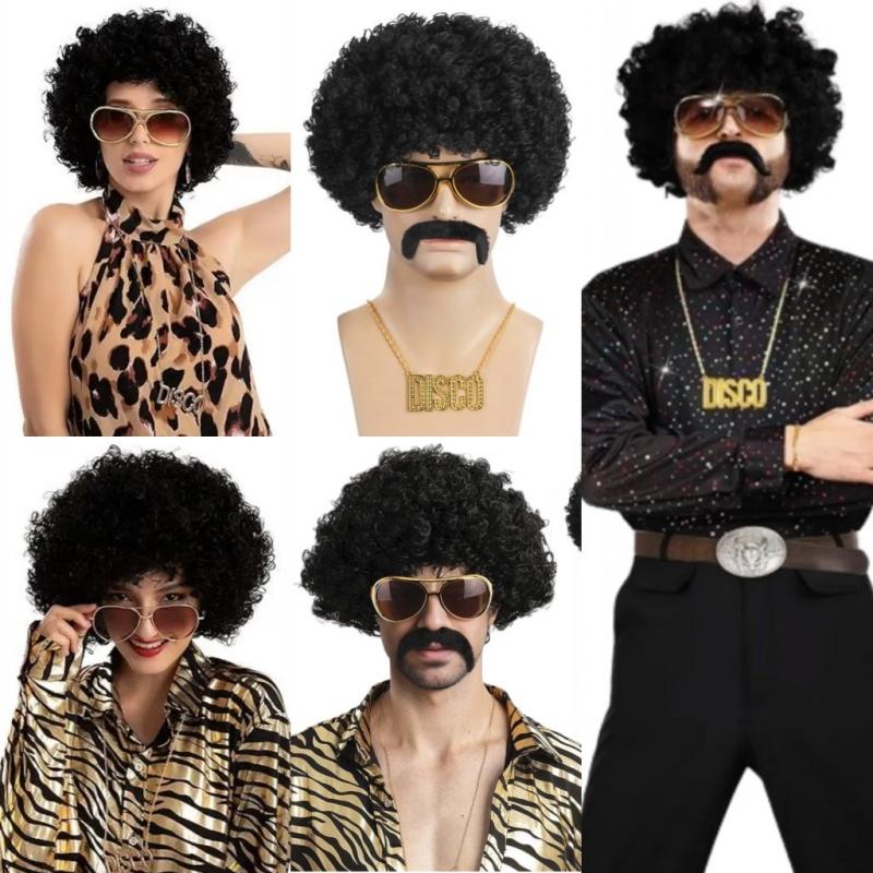 Costume Jewelry Set Synthetic Curly Hair Wigs Afro Wig Sunglasses Necklace For Adult Hip Hop Cosplay Party Accessories Hair Prop