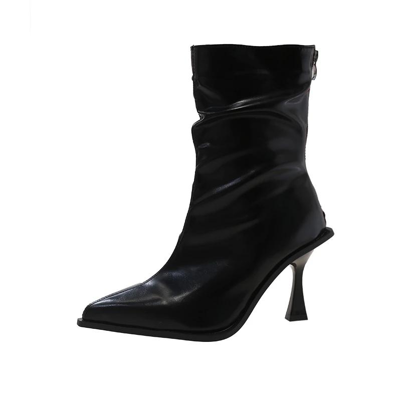 Ботильоны на высоком каблуке женские осень-зима новые остроносые коричневые ботинки на молнии кожаные модные сексуальные роскошные брендовые плиссированные дизайнерские ботинки