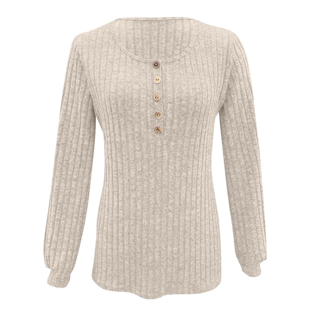 Women's Fashion Long Sleeve T-Shirt Solid Color Button Decoration Top