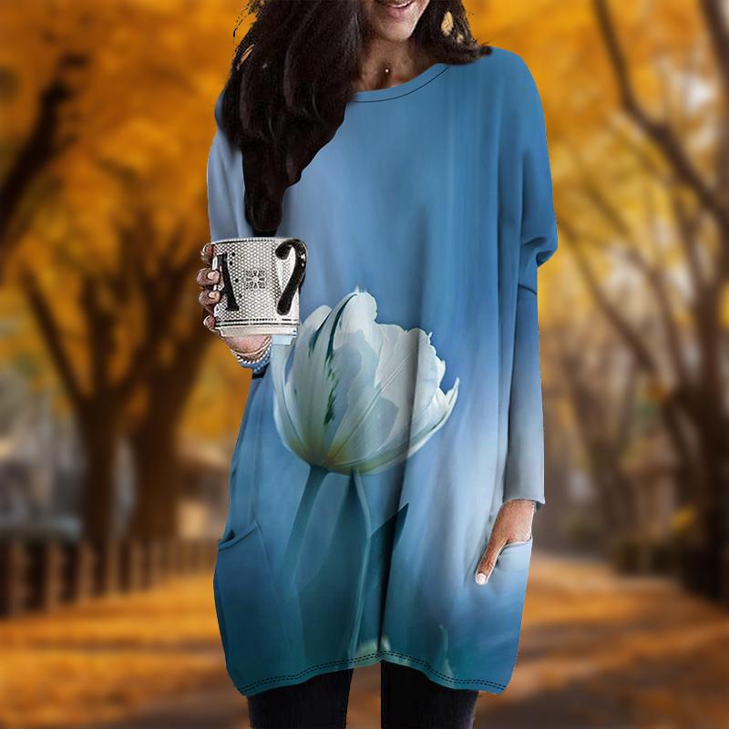 Новинка осени. Платье больших размеров с принтом свежей лилии. Женское повседневное платье с круглым вырезом и длинными рукавами. Платья с карманами.