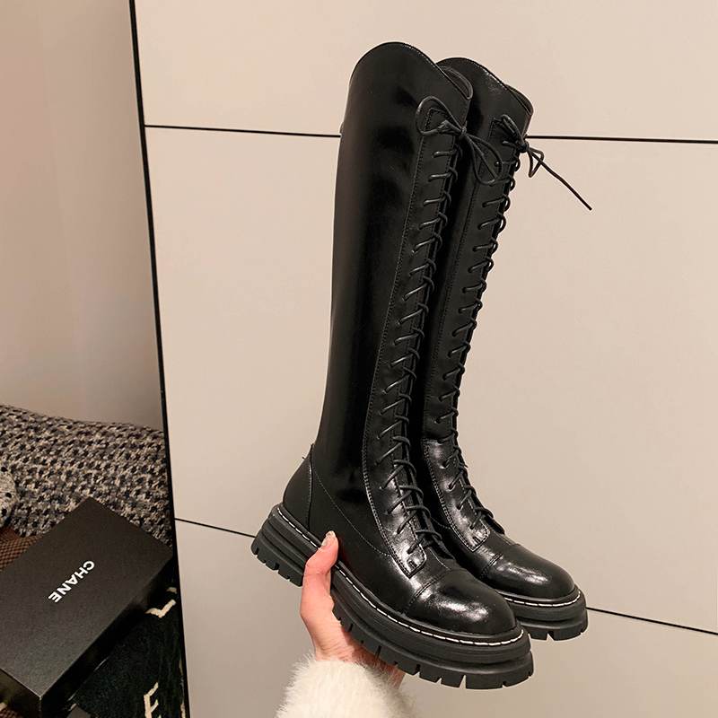 Krazing Pot Осенне-зимняя обувь из натуральной кожи, конные сапоги на среднем каблуке в европейском дизайне, женские теплые сапоги до бедра