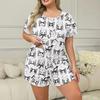 Summer Plus Size 3XL 4XL 5XL Short Sleeve Tops and Shorts Pajamas Set Casual Oversized Cartoon Printing White Pyjamas for Women Sleepwear Set Homewear