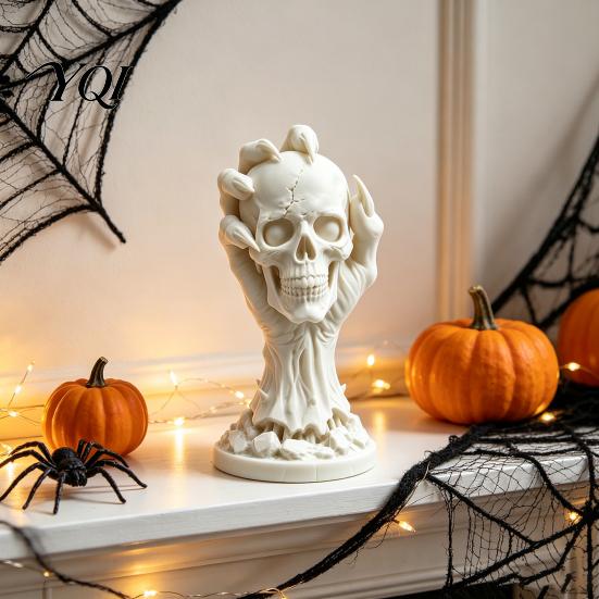 Gothic Home Ornaments 3D Printed Skull & Devil Hand Figurine, Realistic Holding Handheld Sculpture Statue, Desktop Ornament for Halloween Decoration