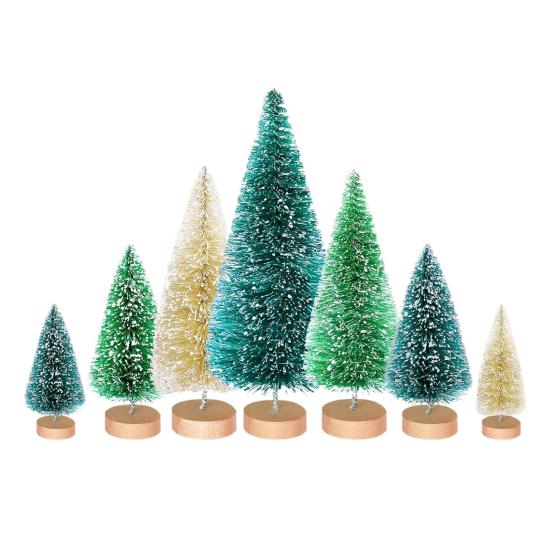 56 Pcs Mini Christmas Trees Set Sisal Snow Frosted Bottle Brush Trees with Wooden Base Miniature Artificial Pine Tree for Winter Home Tabletop Decor