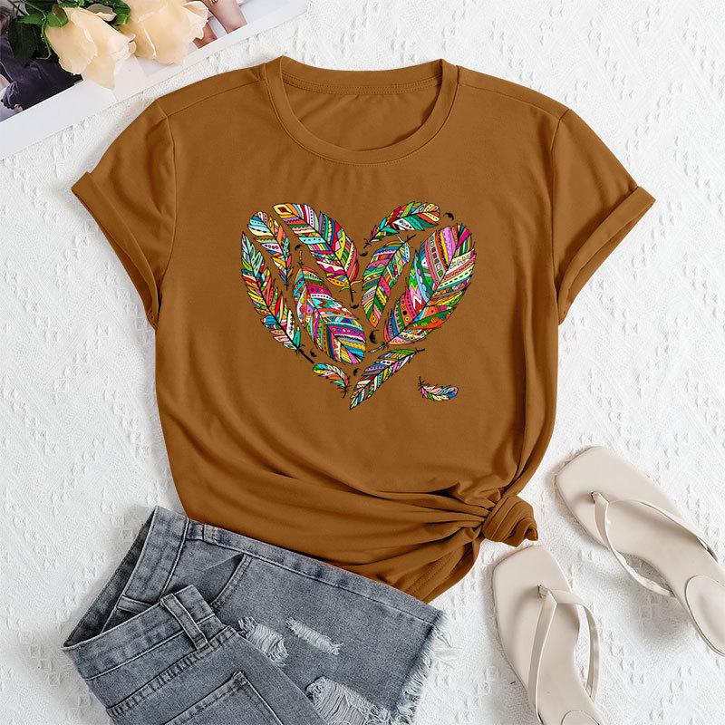 Летние женские футболки больших размеров с принтом в виде перьев и сердец, свободные, с круглым вырезом, повседневные, из чистого хлопка, с короткими рукавами, женские
