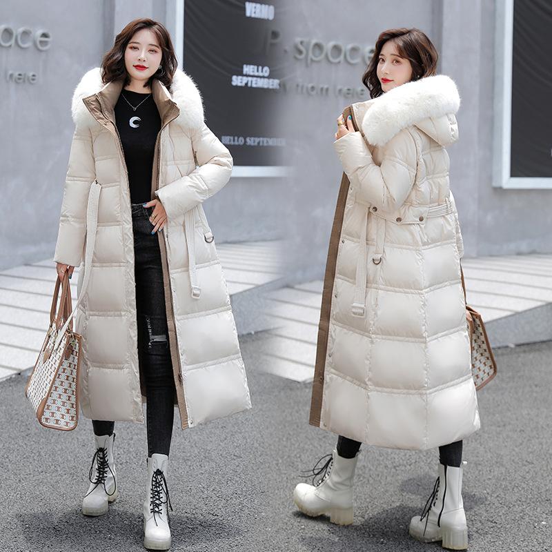 Women's Autumn And Winter Overcoat Long Knee-length Down Cotton Jacket Large Wool Collar Slim Fitting Waist Band Cotton Jacket