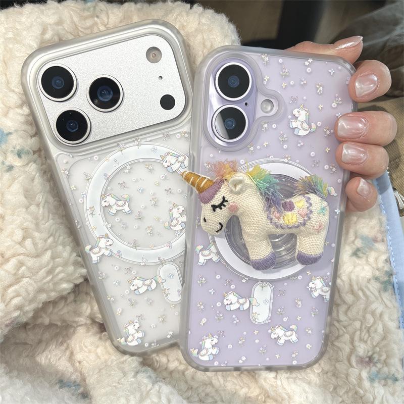 3D Магнитная подставка и чехол для телефона Единорог для iPhone 17/16 Pro Max/15/14