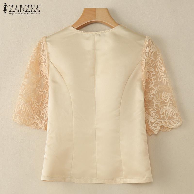 ZANZEA Женская повседневная атласная блузка с квадратным вырезом, кружевной вставкой и рукавами до локтя