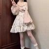 Autumn Women's Sweet Lolita Style 2 Piece Dress Set Women Pink Bow Knitted Coat Kawaii Floral Mini Dress Female  Beach Party Suit