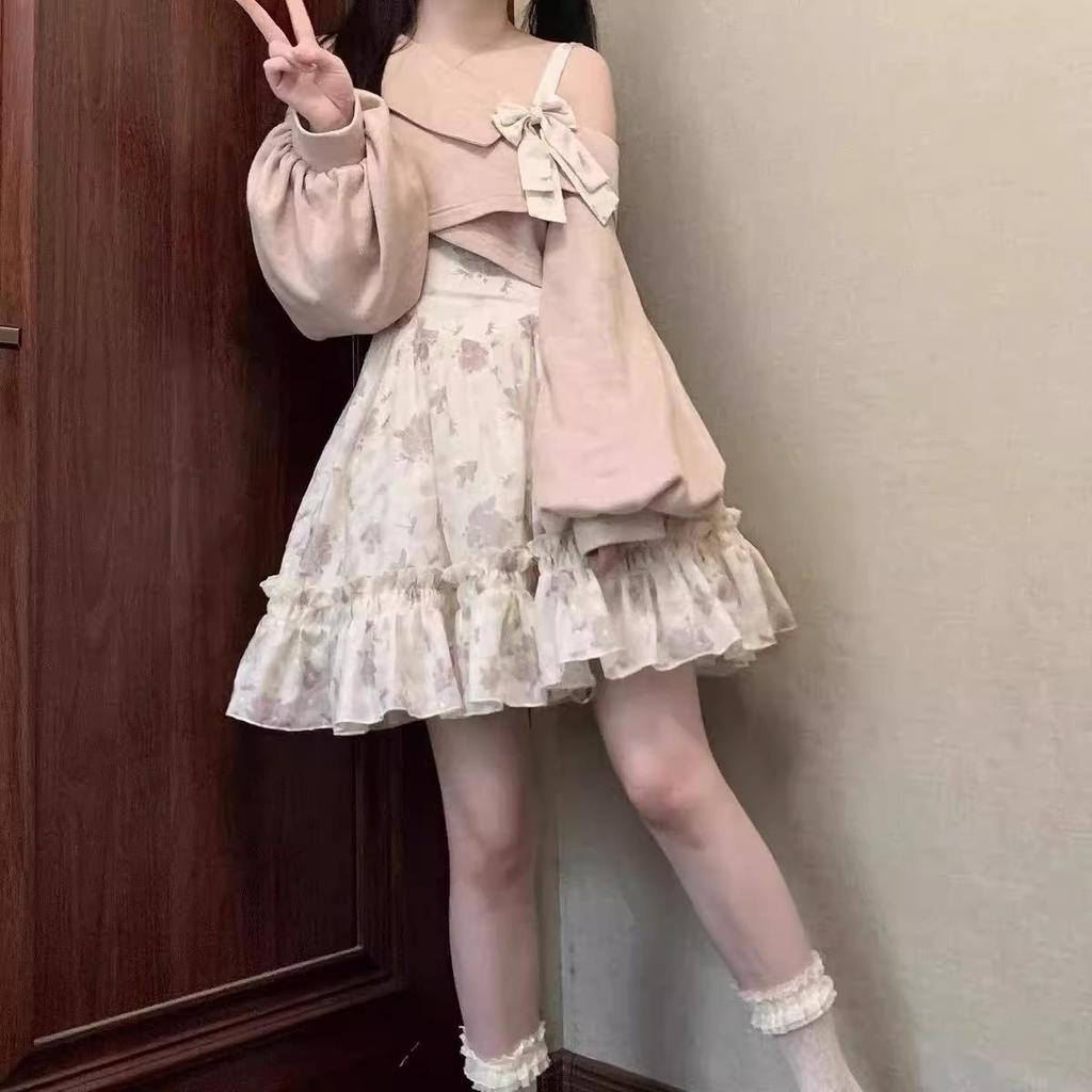Autumn Women's Sweet Lolita Style 2 Piece Dress Set Women Pink Bow Knitted Coat Kawaii Floral Mini Dress Female Beach Party Suit