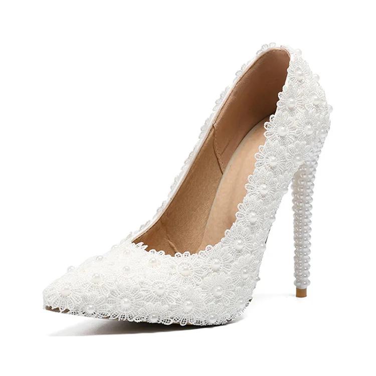 2024 Large 43 Heel Height 11cm Fine Heel Pointed White Wedding Banquet High Heels Lace Pearl Women's Fashion Trendy High Heels