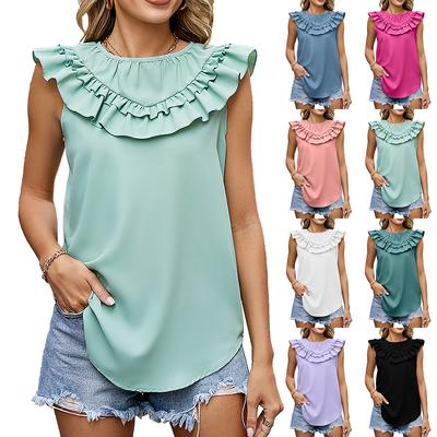 Женский летний модный однотонный плиссированный топ без рукавов с круглым вырезом и оборками по краям
