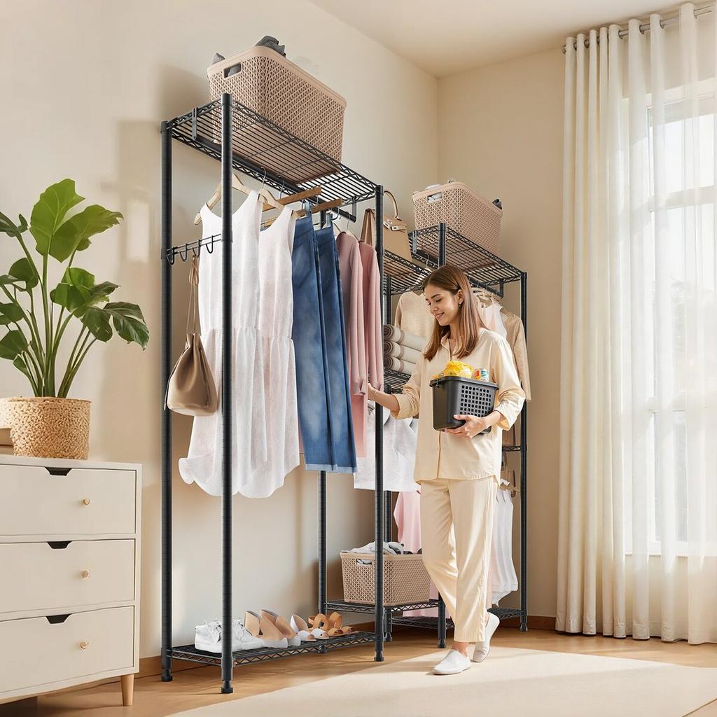 Clothing Garment Rack, Heavy Duty Closet Wardrobe, 7 Adjustable Tiers Clothes Racks with Steel Frame, 385.5 kg Load Capacity Clothes Rack with 4