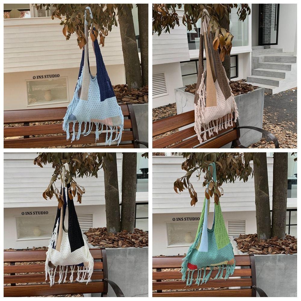 Лоскутная сумка крючком с прорезями, повседневная сумка-тоут для поездок на работу, милая сумочка в стиле бохо для девочек