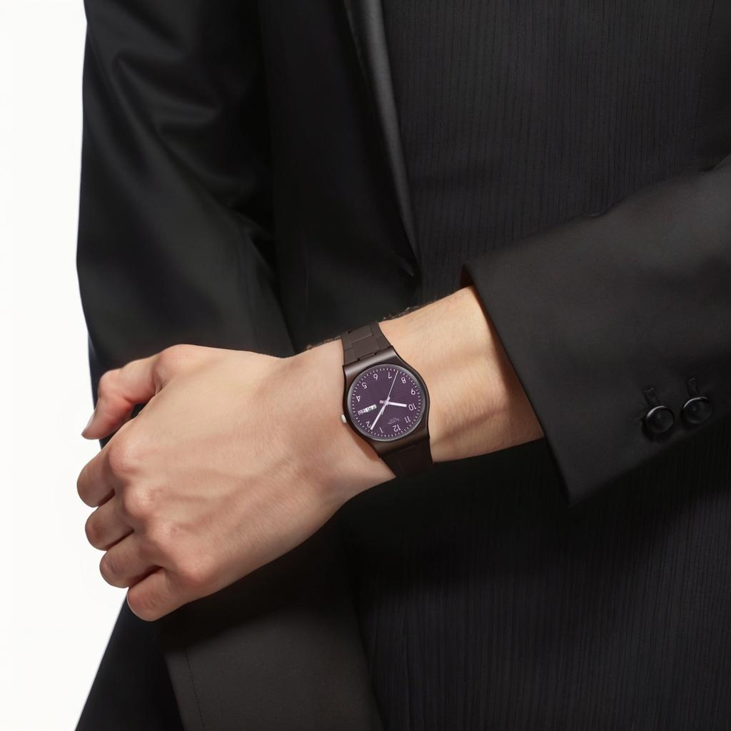 Swatch Серия Essentials Кварцевый механизм Водонепроницаемость 30 метров Унисекс Швейцарские часы 34 мм Фиолетовый циферблат Корпус из биоисточника Силиконовый ремешок SO28C700