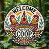 2d Flat 20*20cm, "Welcome To Our Coop" Round Wooden Wall Decoration with Colorful Rooster and Floral Patterns, Suitable for Farmhouse, Outdoor Use.